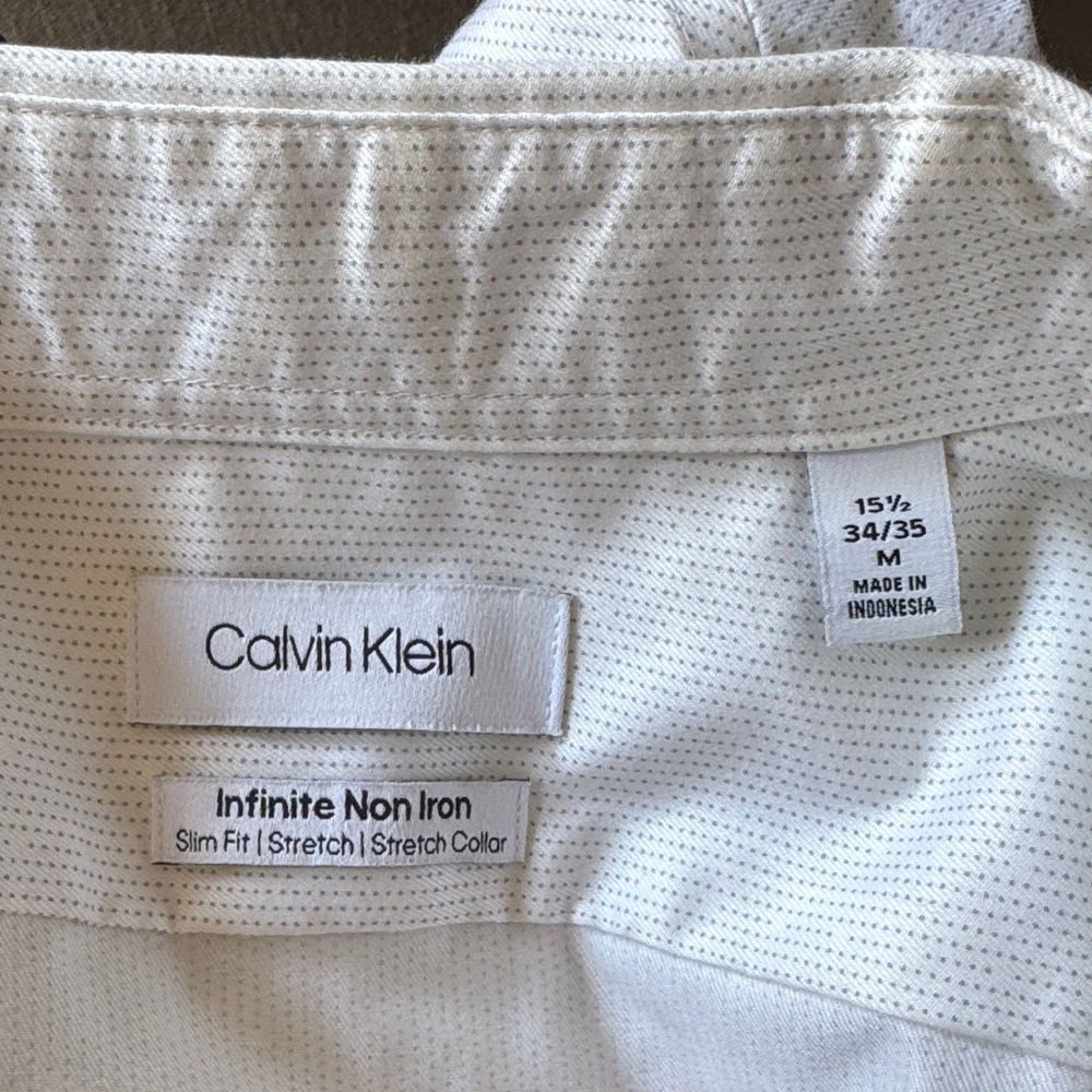 Calvin Klein White Slim-Fit Non-Iron Dress Shirt with gray polka dots
